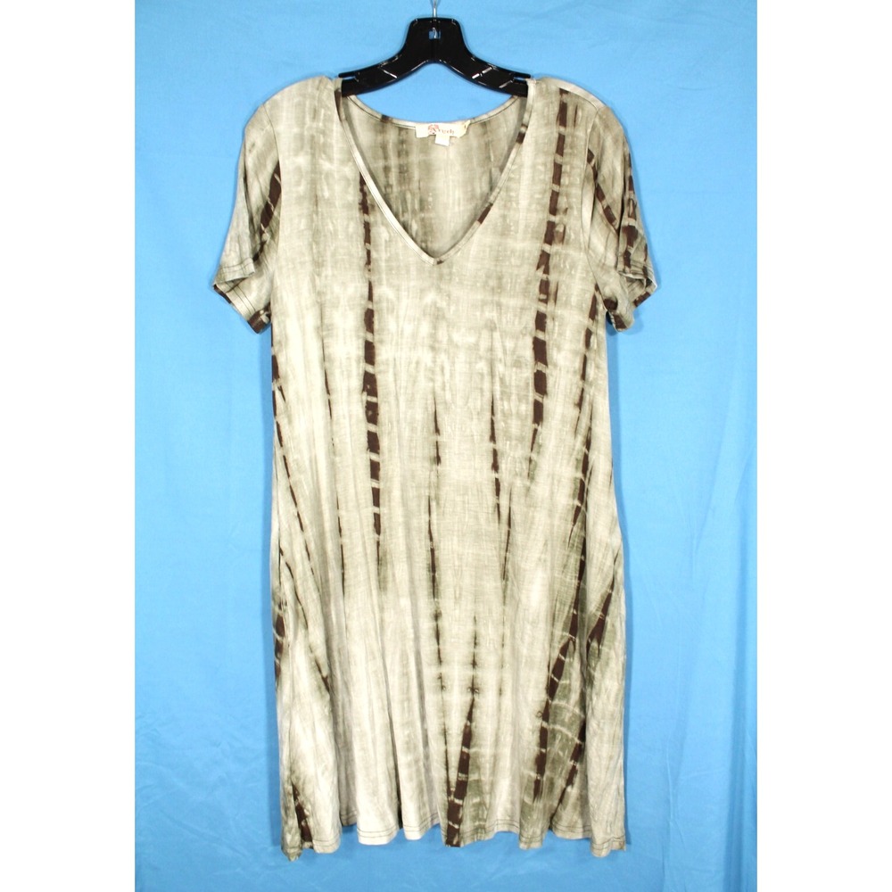 ARYEH Soft Stretch Knit GREEN/BROWN TIE DYE V-Neck POCKETS Swing T-SHIRT DRESS S